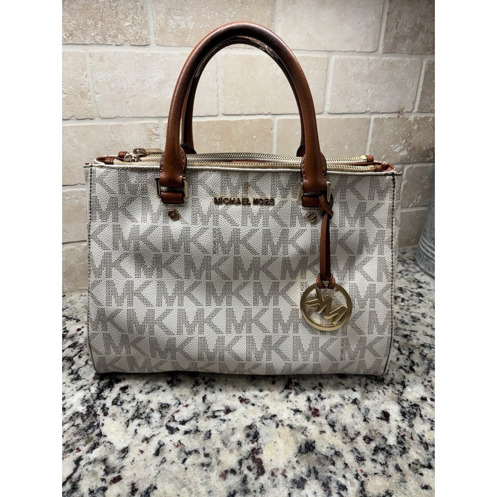 Michael Kors Sutton Medium Satchel White Vanilla Monogram Leather Bag Charm